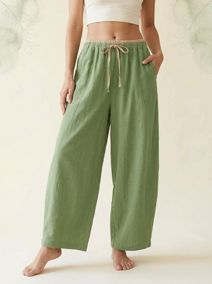 Cotton-Linen Drawstring Pants with Pockets in Light Green, front view