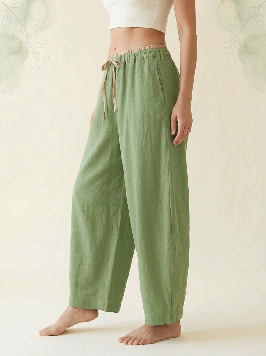 Cotton-Linen Drawstring Pants with Pockets in Light Green, side view