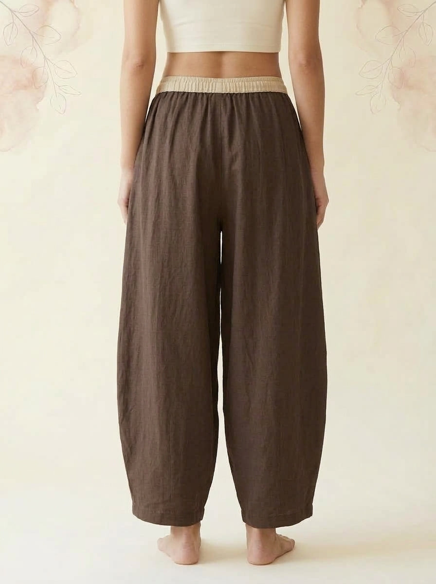 Cotton-Linen Drawstring Pants with Pockets in Saddle Brown, back view