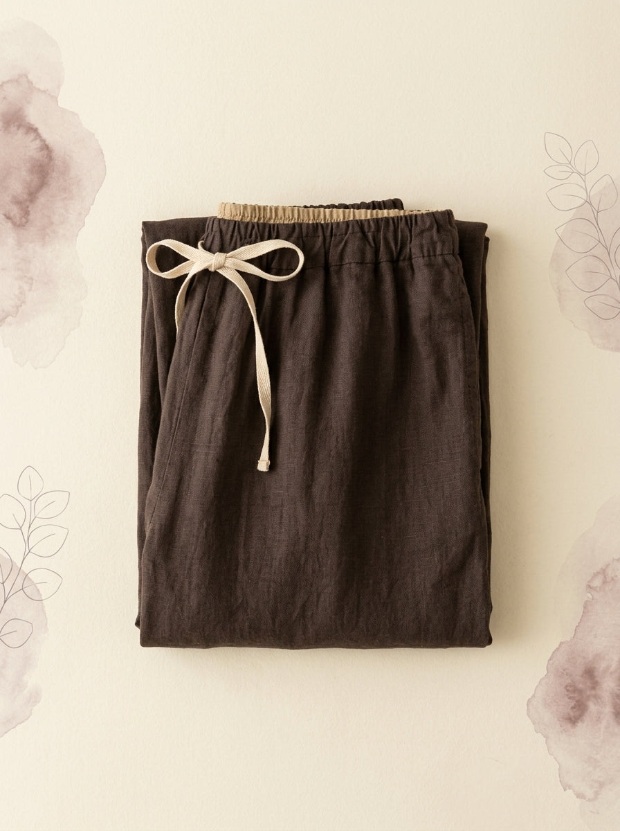 Cotton-Linen Drawstring Pants with Pockets in Saddle Brown, folded flat