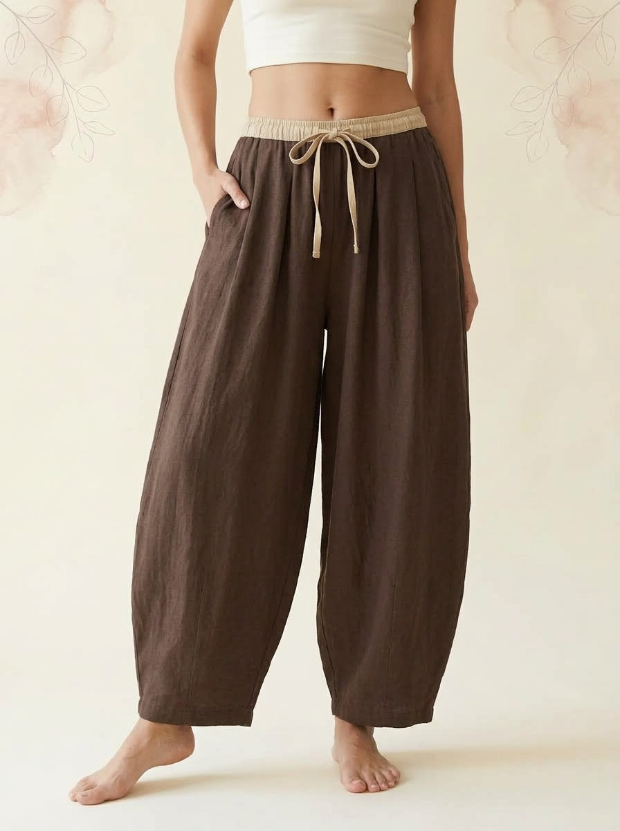 Cotton-Linen Drawstring Pants with Pockets in Saddle Brown, front view