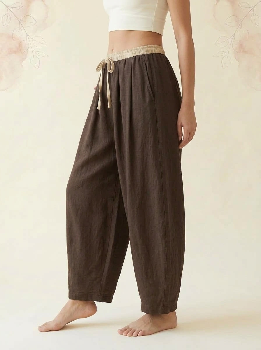 Cotton-Linen Drawstring Pants with Pockets in Saddle Brown, side view