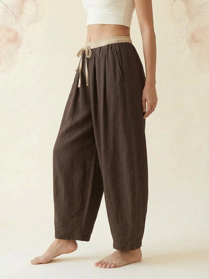 Cotton-Linen Drawstring Pants with Pockets in Saddle Brown, side view