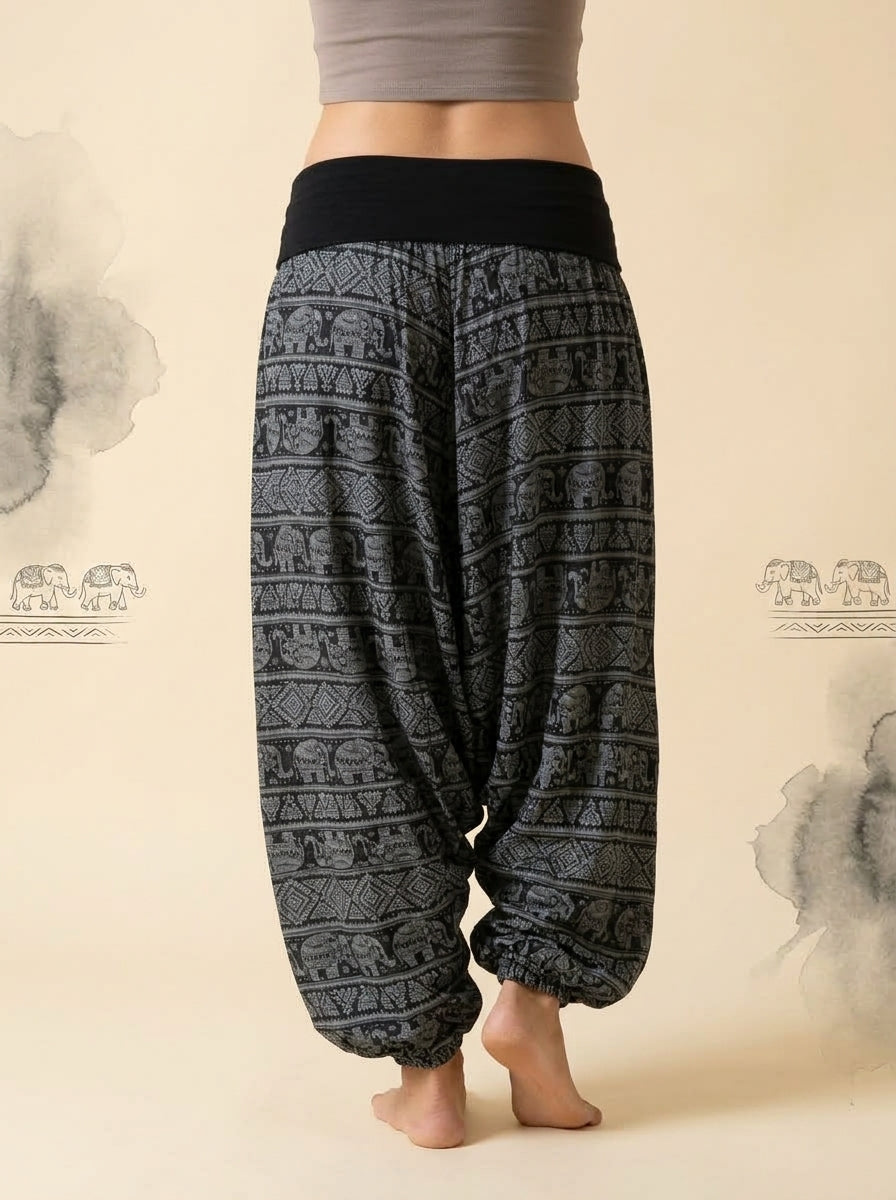 Elephant Print Harem Pants in Black, back view