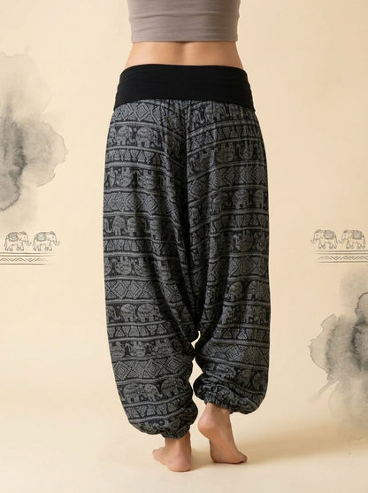 Elephant Print Harem Pants in Black, back view