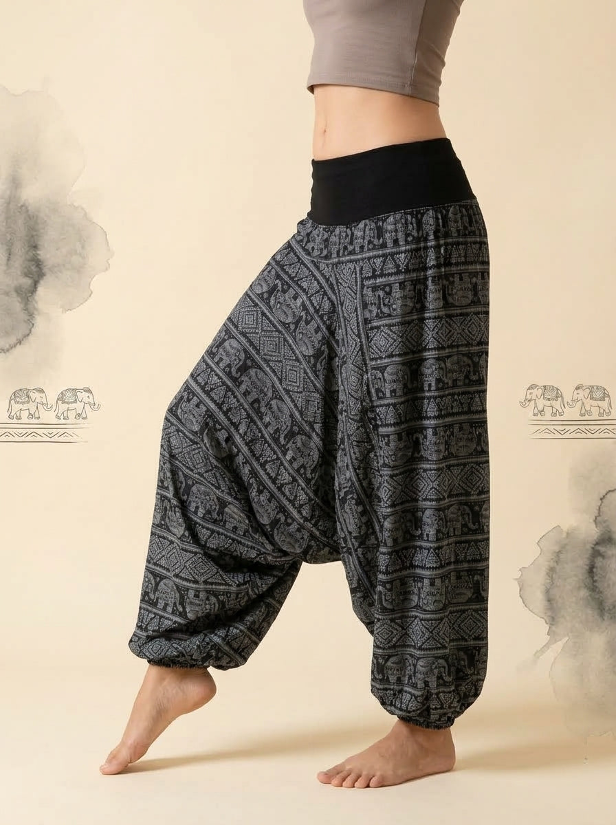 Elephant Print Harem Pants in Black, side view