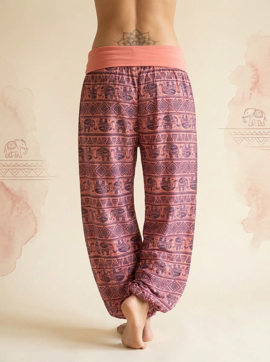 Elephant Print Harem Pants in Coral, back view