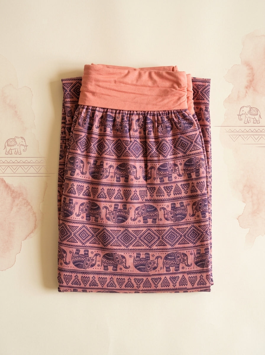 Elephant Print Harem Pants in Coral, folded flat