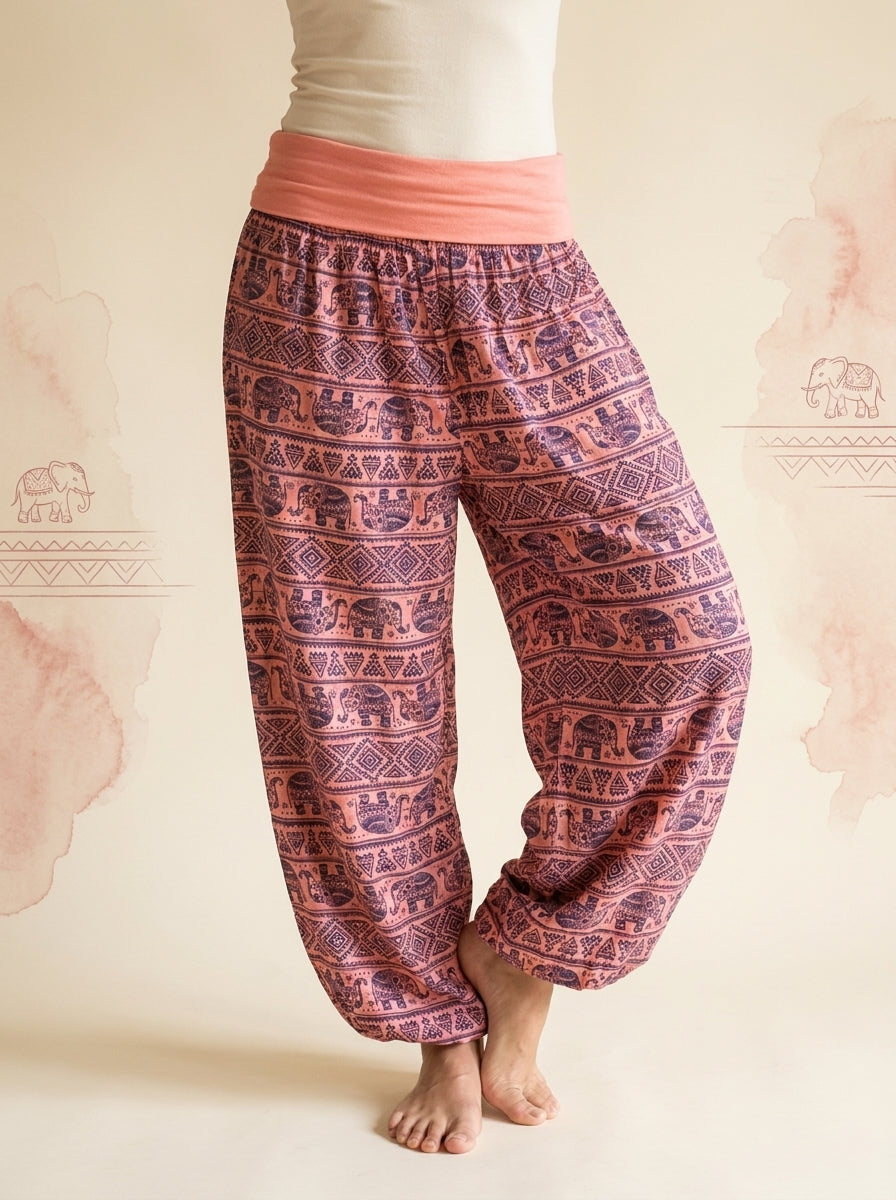 Elephant Print Harem Pants in Coral, front view