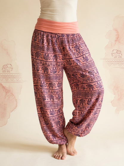 Elephant Print Harem Pants in Coral, front view