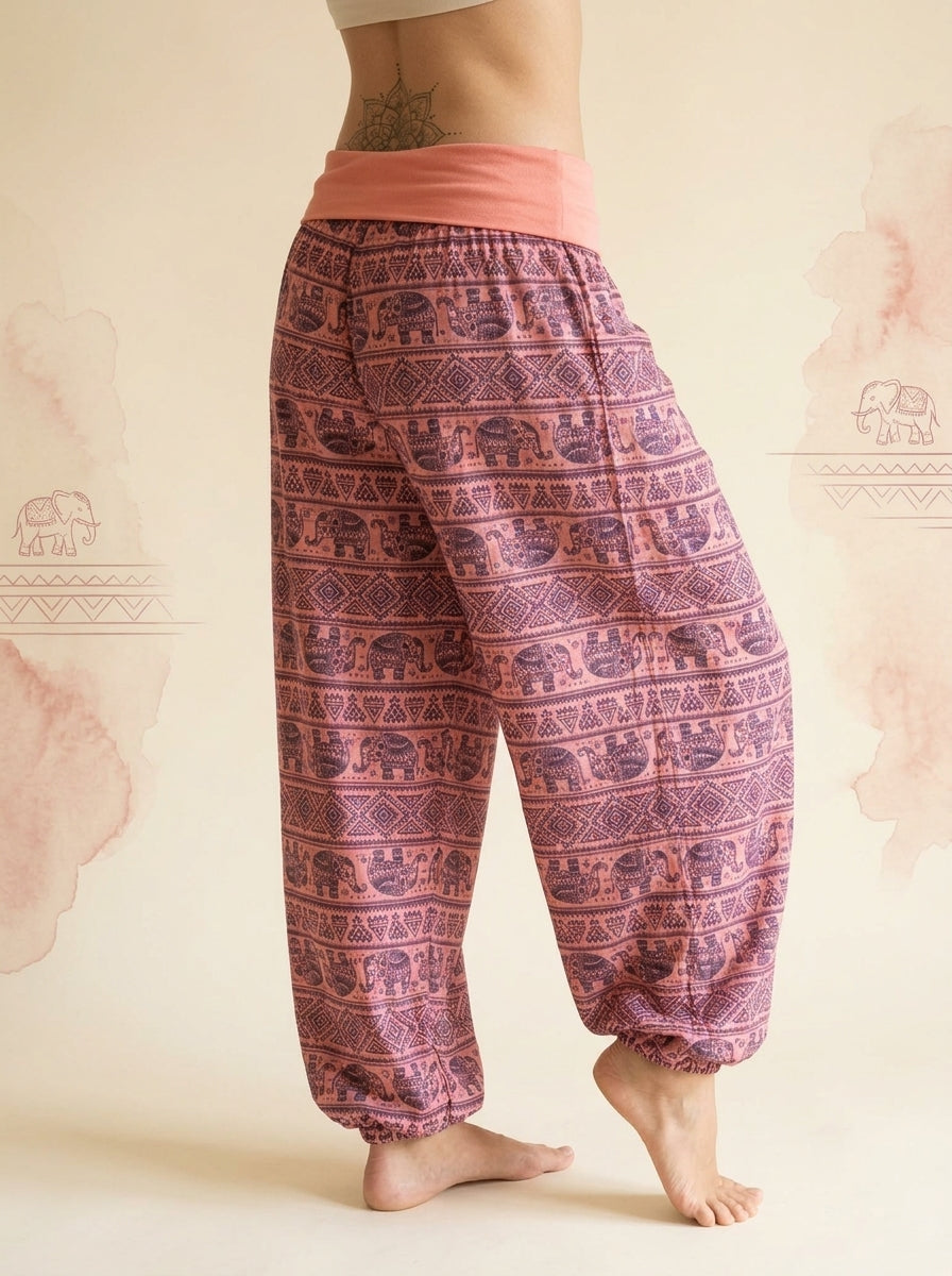 Elephant Print Harem Pants in Coral, side view