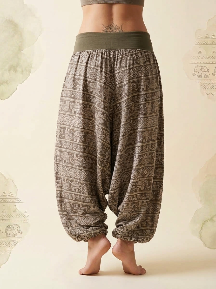 Elephant Print Harem Pants in Khaki, back view