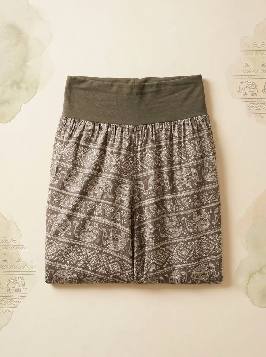 Elephant Print Harem Pants in Khaki, folded flat