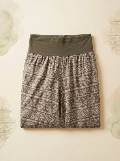 Elephant Print Harem Pants in Khaki, folded flat