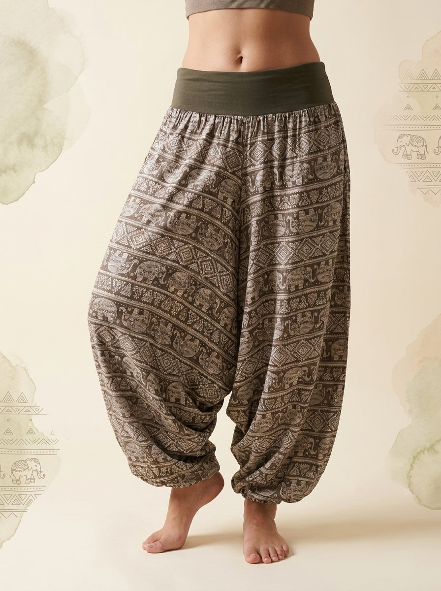 Elephant Print Harem Pants in Khaki, front view