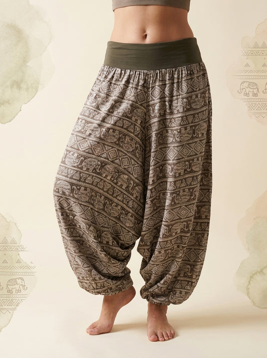 Elephant Print Harem Pants in Khaki
