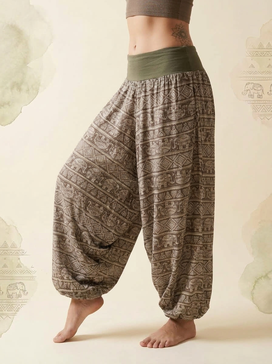 Elephant Print Harem Pants in Khaki, side view