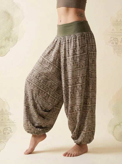 Elephant Print Harem Pants in Khaki, side view
