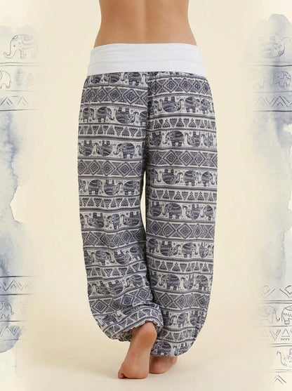 Elephant Print Harem Pants in White, back view