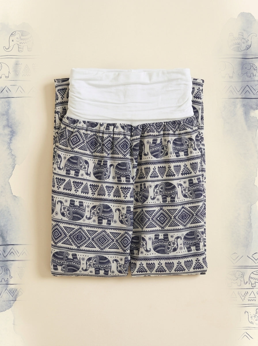 Elephant Print Harem Pants in White, folded flat