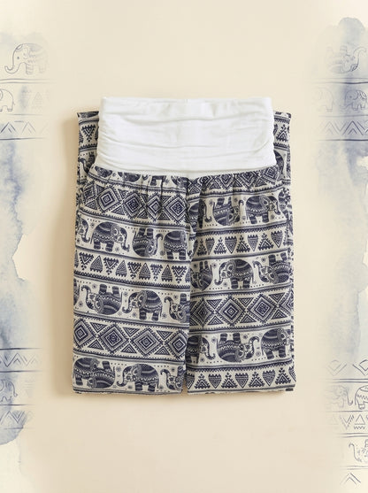 Elephant Print Harem Pants in White, folded flat