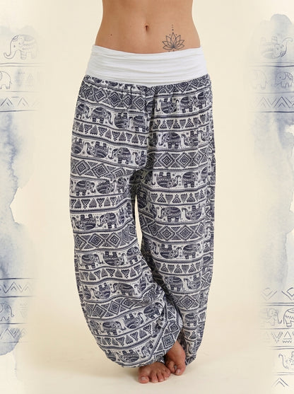 Elephant Print Harem Pants in White, front view