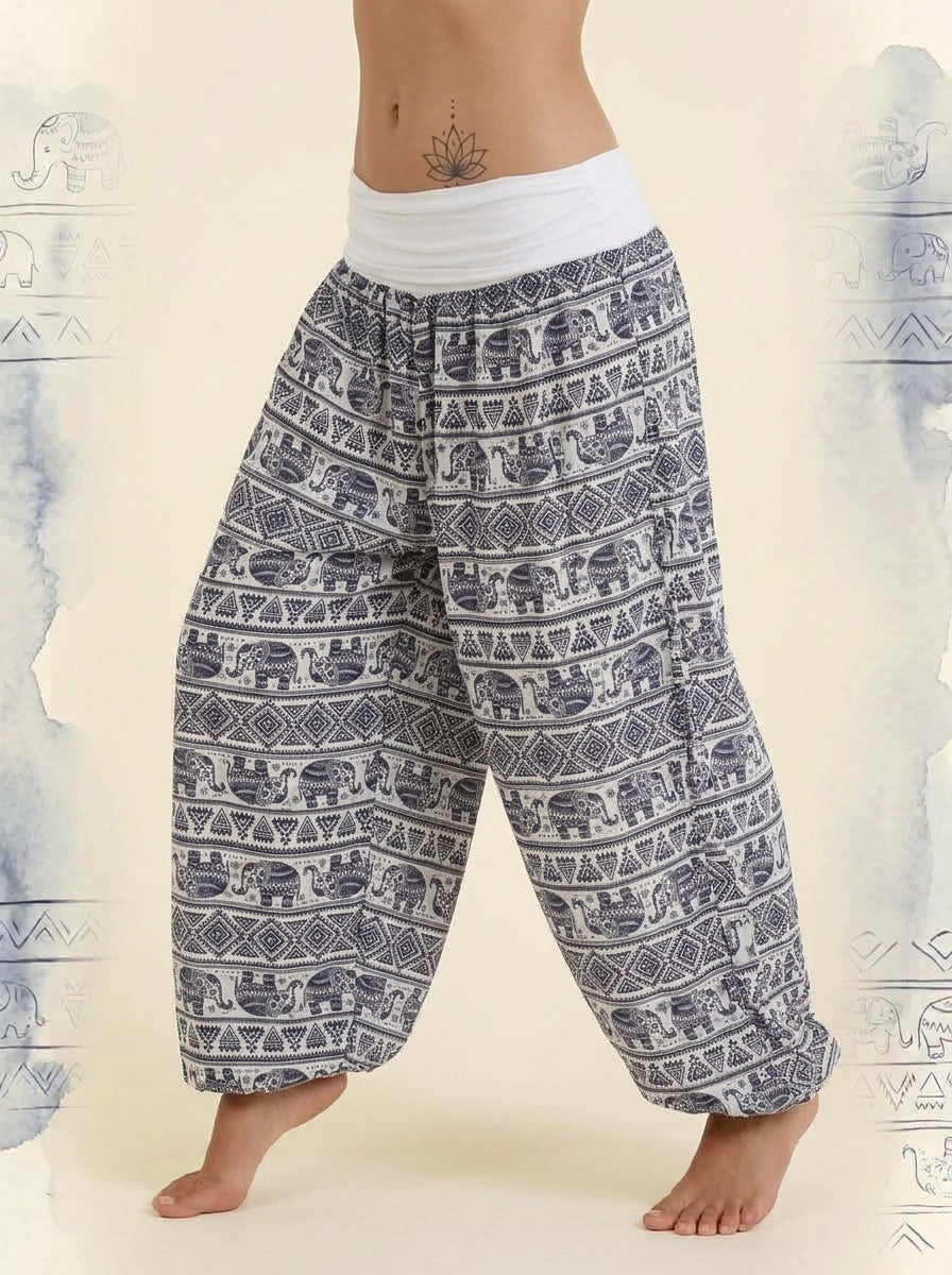 Elephant Print Harem Pants in White, side view