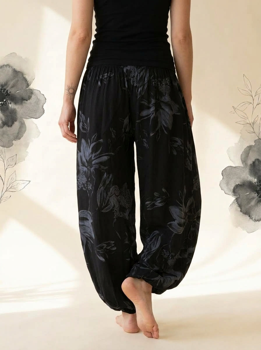Floral Fold-Over Waist Harem Pants in Black, back view