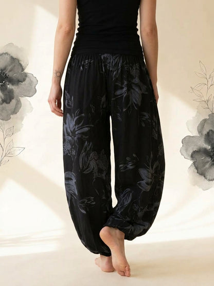Floral Fold-Over Waist Harem Pants in Black, back view