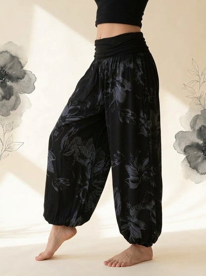 Floral Fold-Over Waist Harem Pants in Black, side view