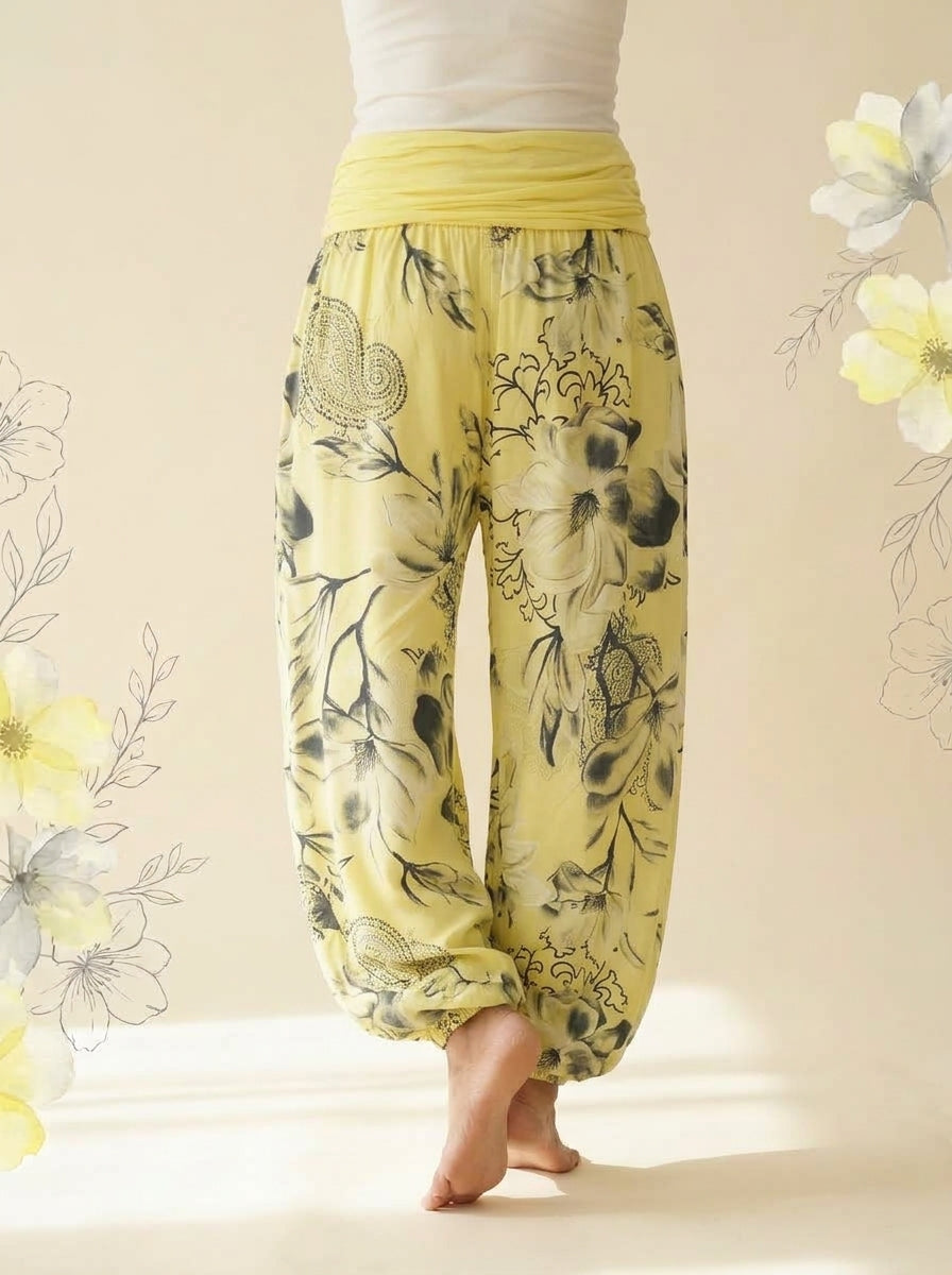 Floral Fold-Over Waist Harem Pants in Lemon Yellow, back view