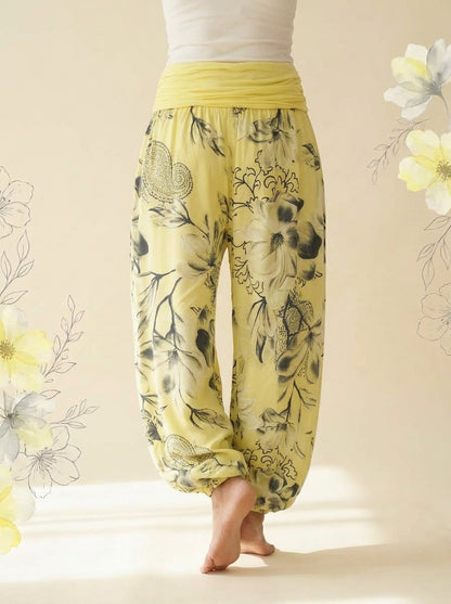 Floral Fold-Over Waist Harem Pants in Lemon Yellow, back view