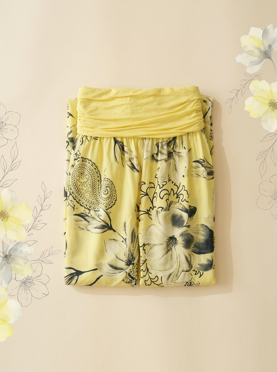 Floral Fold-Over Waist Harem Pants in Lemon Yellow, folded flat