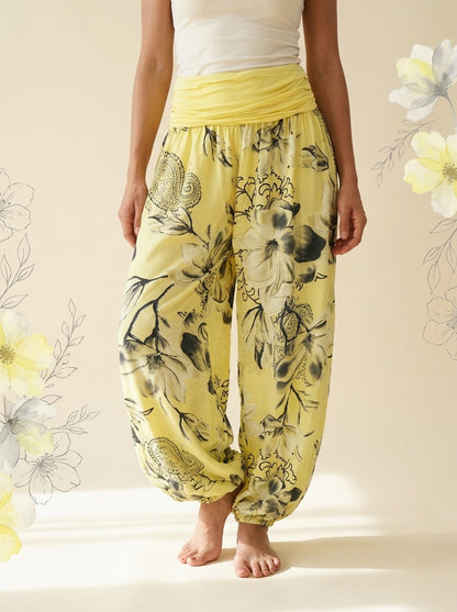 Floral Fold-Over Waist Harem Pants in Lemon Yellow, front view
