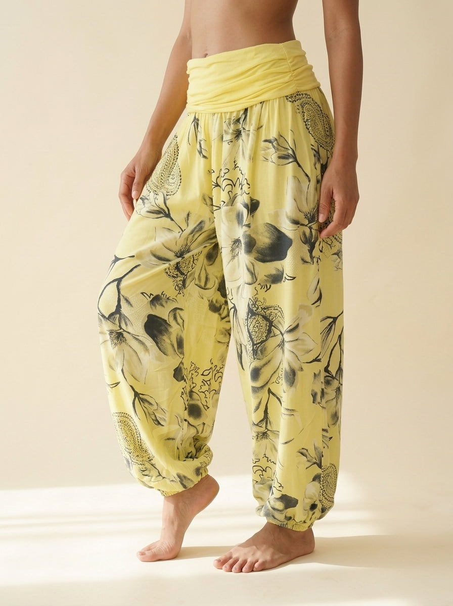 Floral Fold-Over Waist Harem Pants in Lemon Yellow, side view