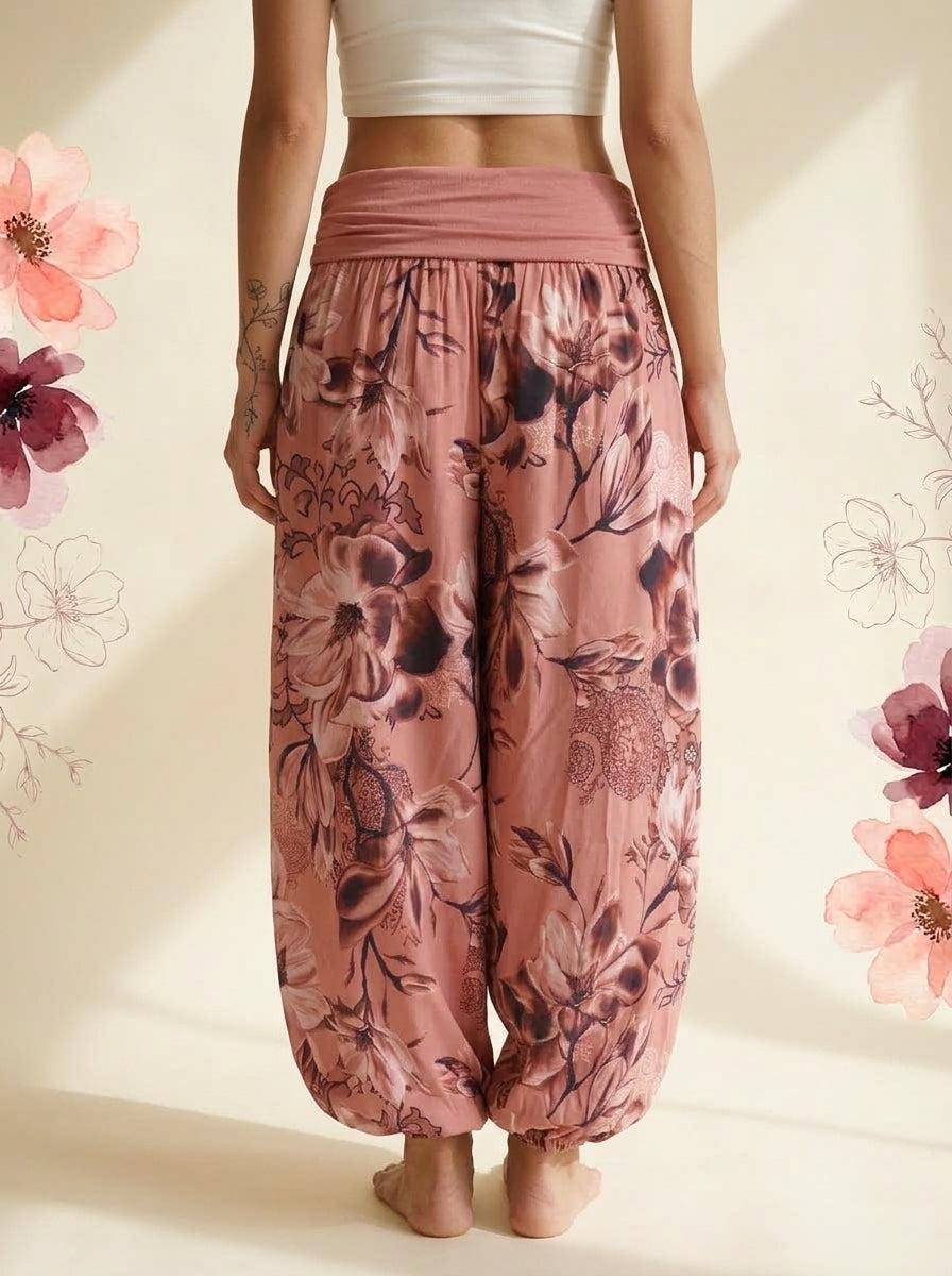 Floral Fold-Over Waist Harem Pants in Rose Pink, back view