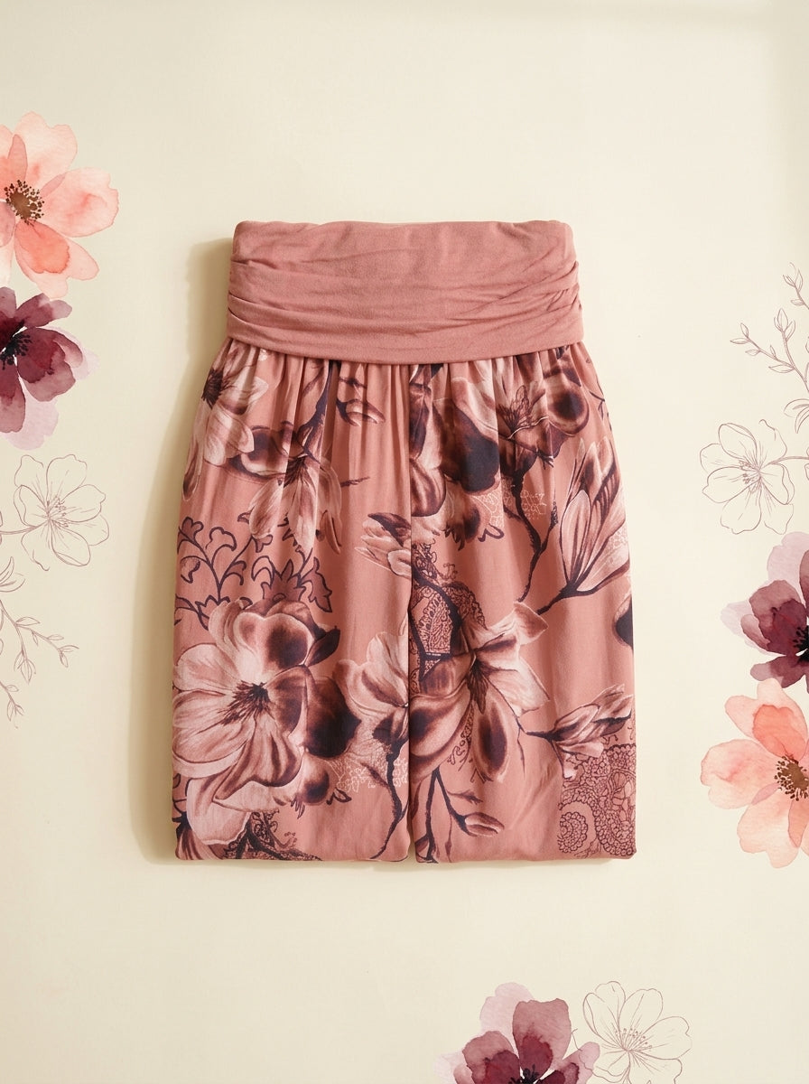 Floral Fold-Over Waist Harem Pants in Rose Pink, folded flat