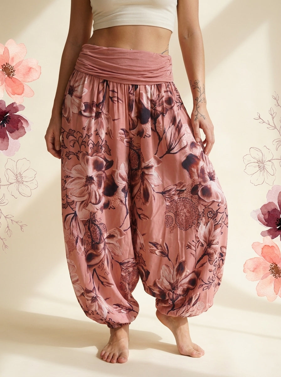 Floral Fold-Over Waist Harem Pants in Rose Pink, front view