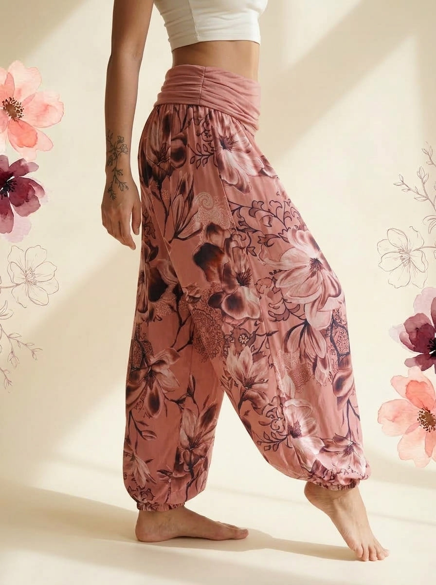 Floral Fold-Over Waist Harem Pants in Rose Pink, side view