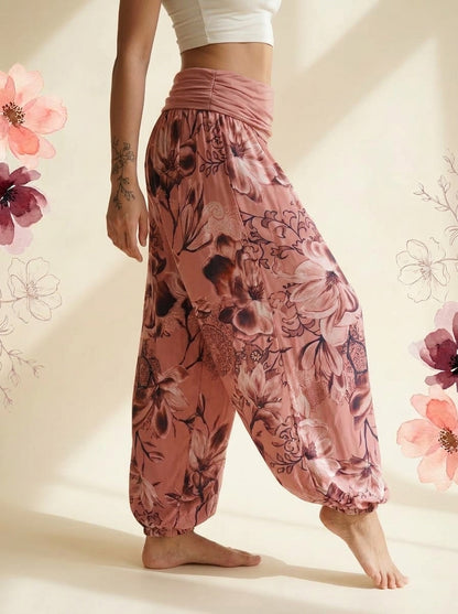 Floral Fold-Over Waist Harem Pants in Rose Pink, side view