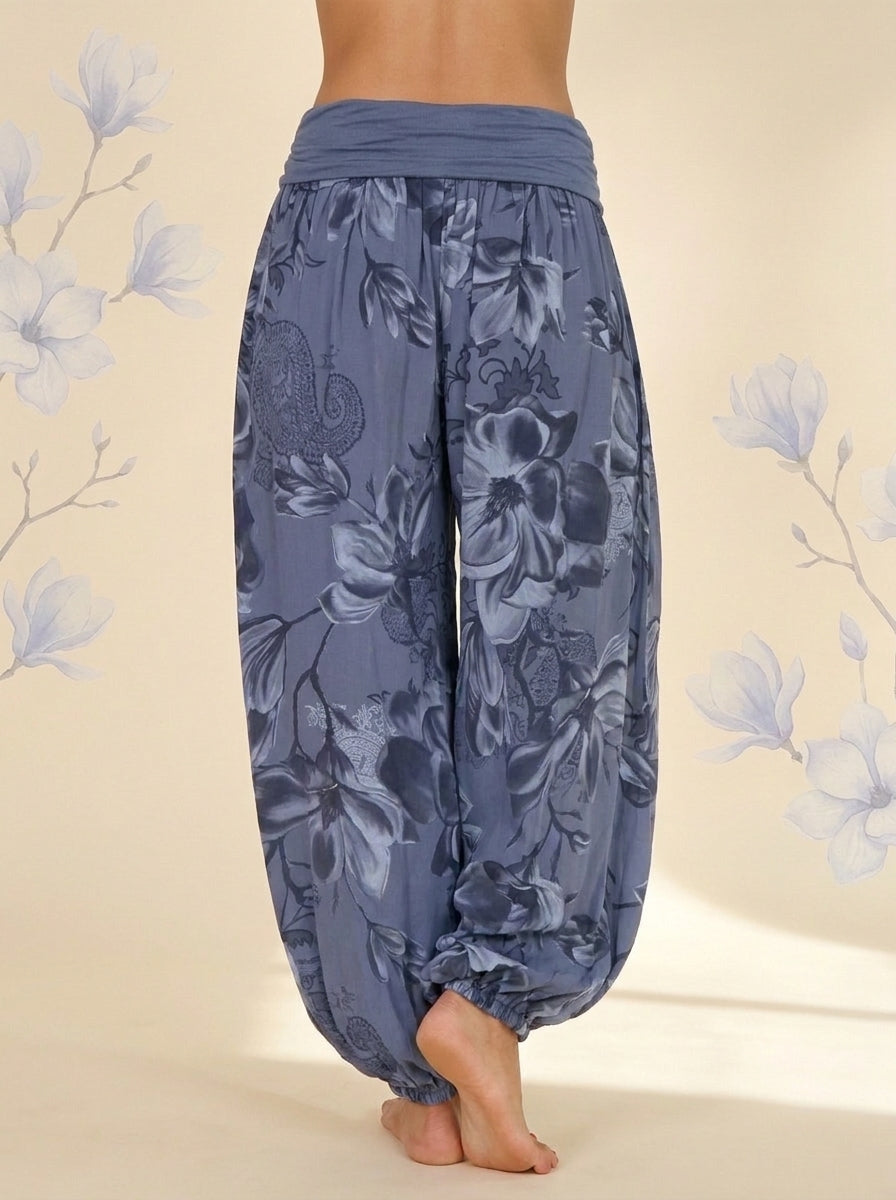 Floral Fold-Over Waist Harem Pants in Slate Blue, back view