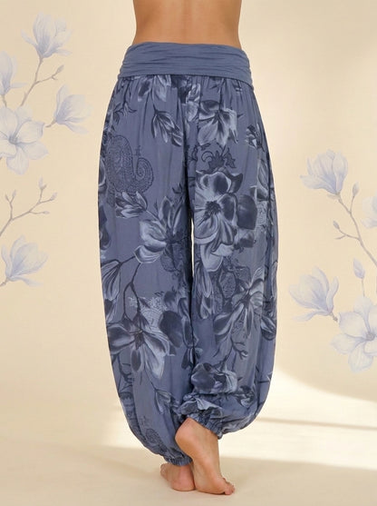 Floral Fold-Over Waist Harem Pants in Slate Blue, back view