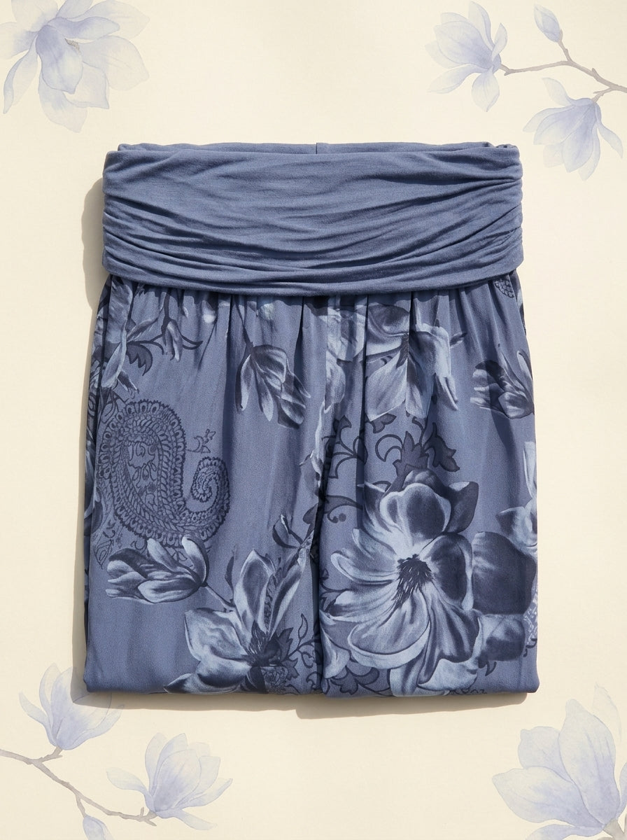Floral Fold-Over Waist Harem Pants in Slate Blue, folded flat