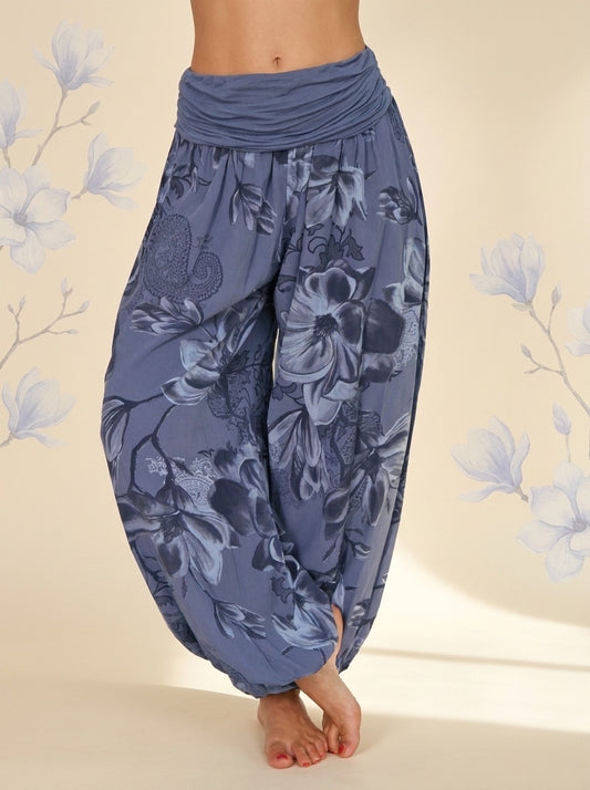 Floral Fold-Over Waist Harem Pants in Slate Blue