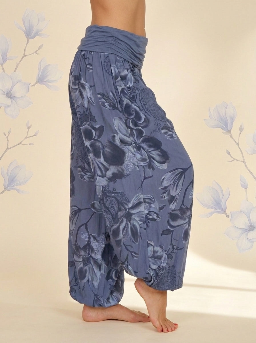 Floral Fold-Over Waist Harem Pants in Slate Blue, side view