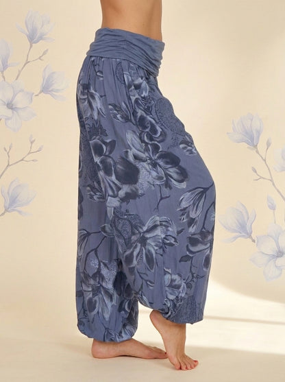 Floral Fold-Over Waist Harem Pants in Slate Blue, side view