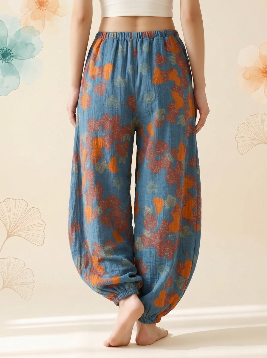 Cotton Gauze Leaf Pants in Blue Ginkgo, back view