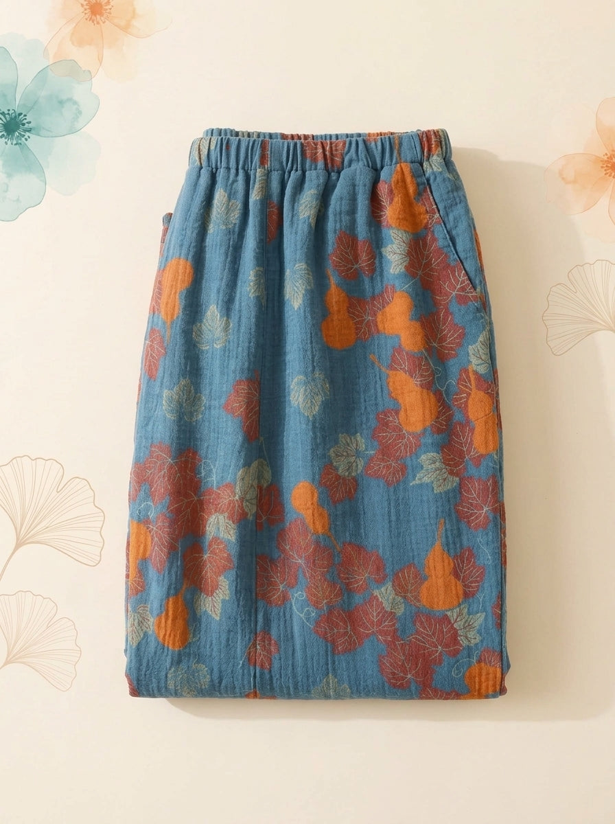 Cotton Gauze Leaf Pants in Blue Ginkgo, folded flat