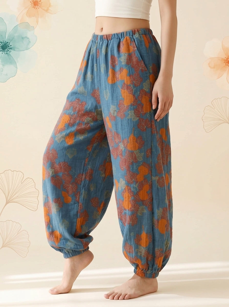 Cotton Gauze Leaf Pants in Blue Ginkgo, side view