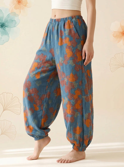 Cotton Gauze Leaf Pants in Blue Ginkgo, side view